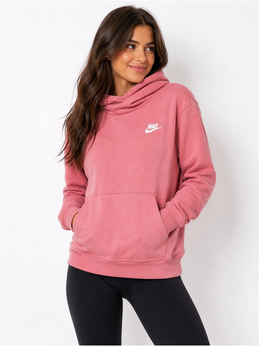Nike Women's Pink Salmon Pullover Hoodie with Funnel Neck-Small